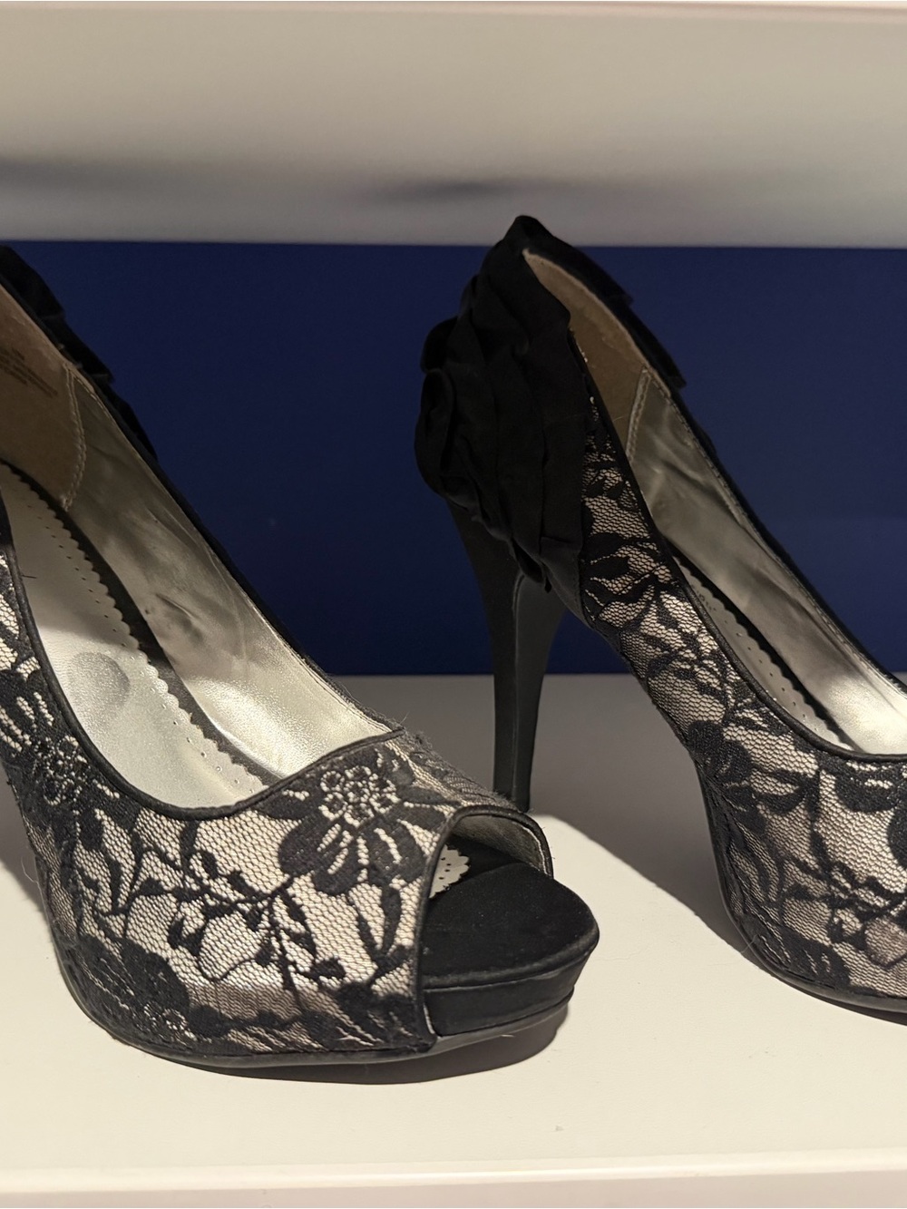 Lulu Townsend Black Lace Peep-Toe Stiletto Heels